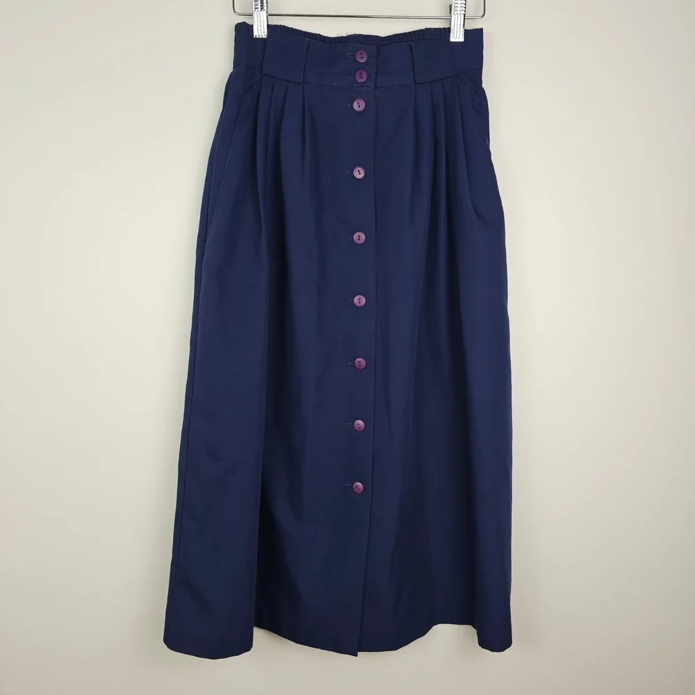 Petite Sophisticate Skirt Women Size 4 Navy Blue Button Front Midi Pleated